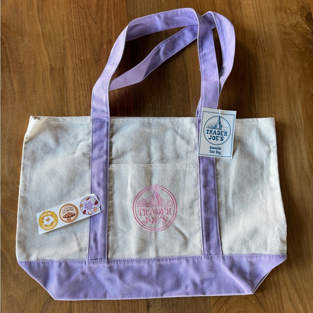 LARGE Lavender 💜 Trader Joe’s Canvas Tote Bag 🎁 FREE TJ Comfort Foods Poly Bag